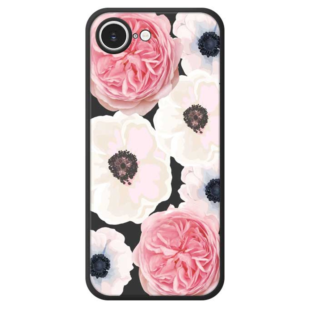 For iPhone 16e Case White and Pink Flower Pattern Printing Straight Edge TPU Phone Back Cover - Black