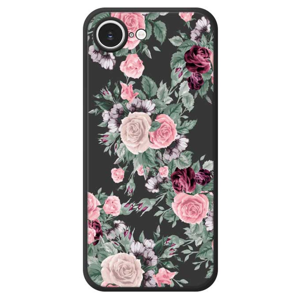 For iPhone 16e Case Flower Cluster Pattern Printing Straight Edge TPU Phone Back Cover - Black