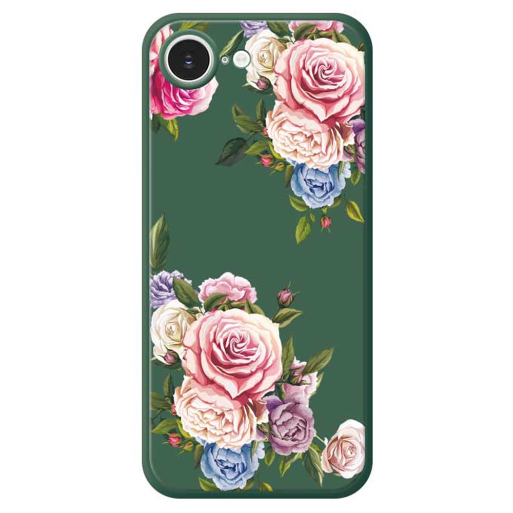 For iPhone 16e Case Peony Pattern Printing Straight Edge TPU Phone Back Cover - Green
