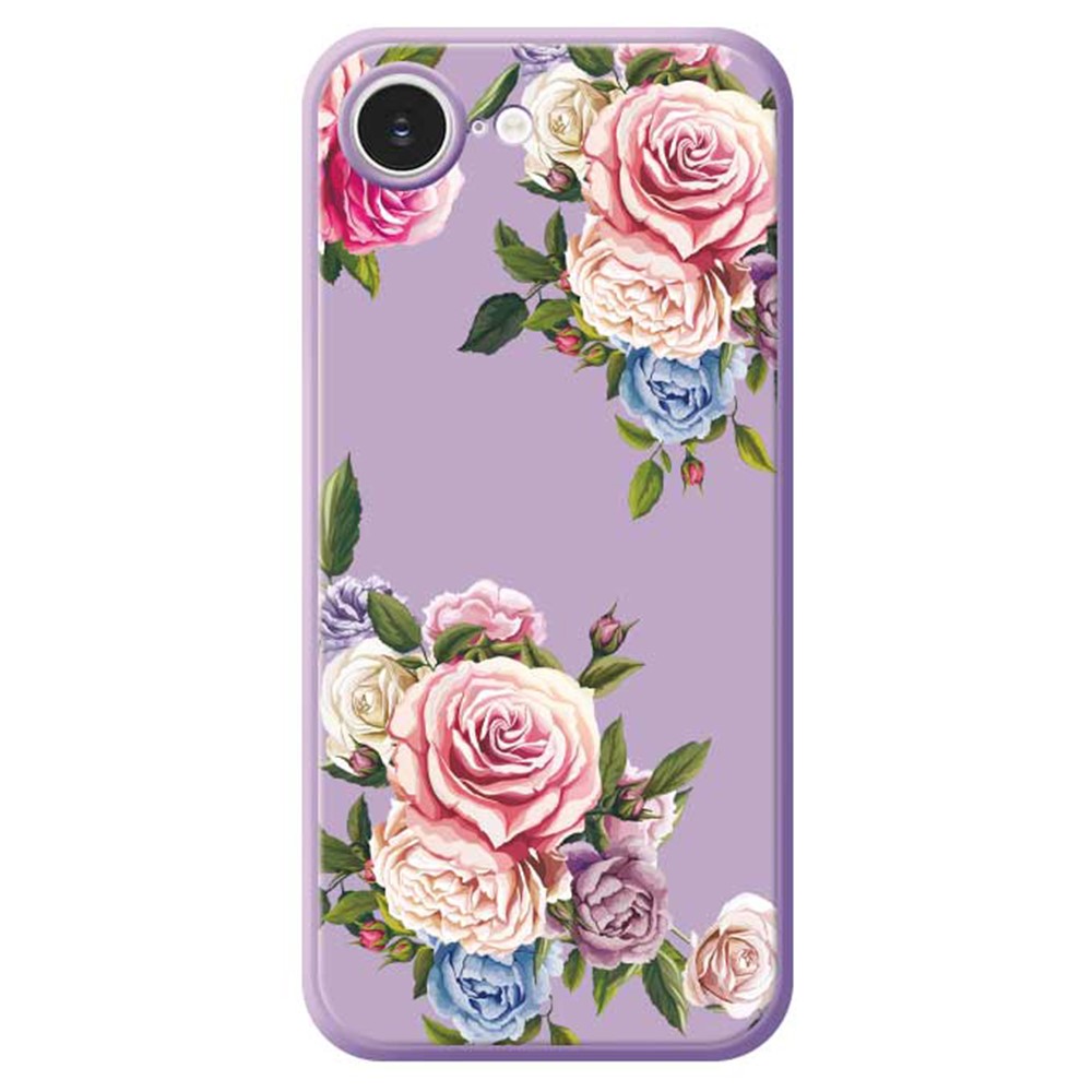 For iPhone 16e Case Peony Pattern Printing Straight Edge TPU Phone Back Cover - Purple