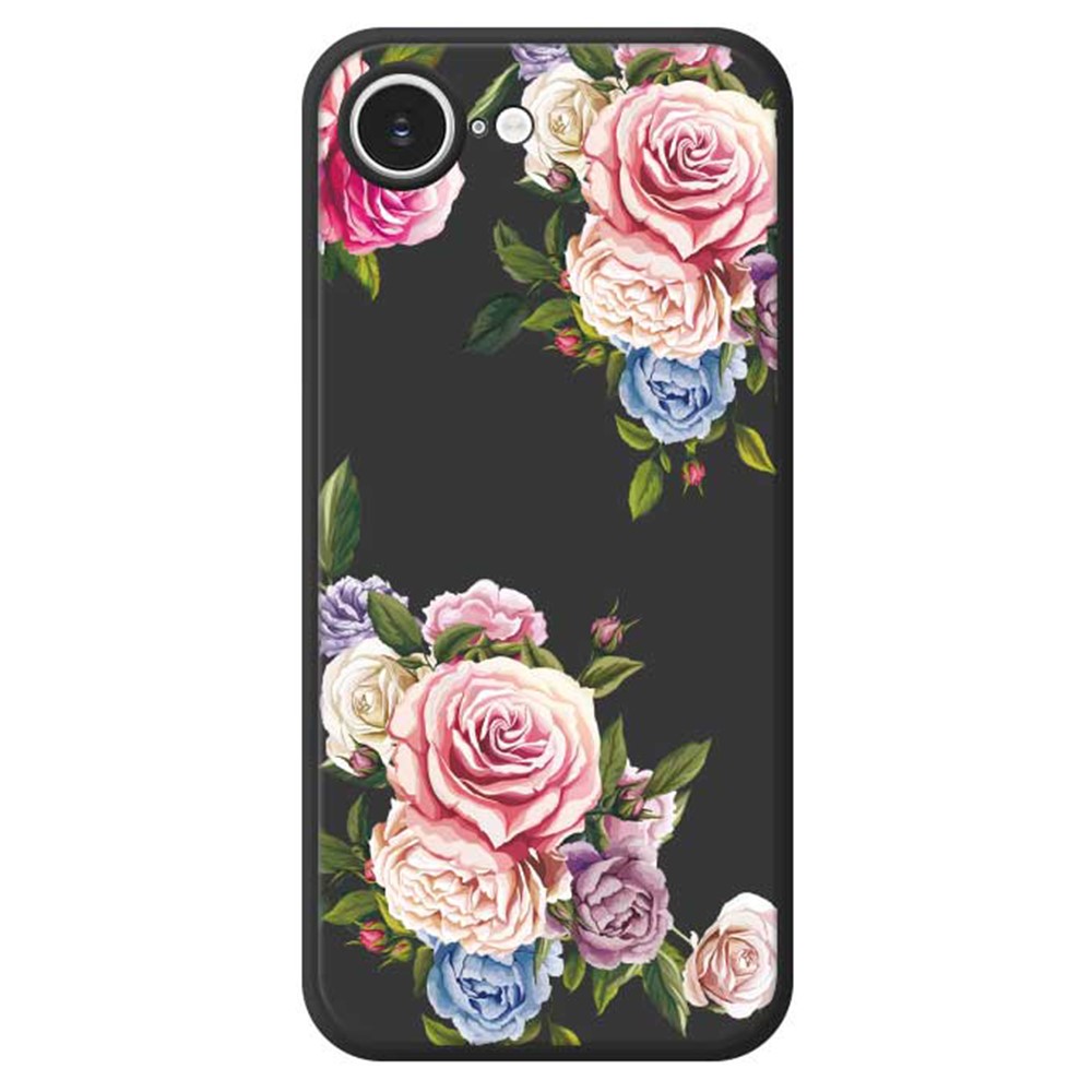 For iPhone 16e Case Peony Pattern Printing Straight Edge TPU Phone Back Cover - Black