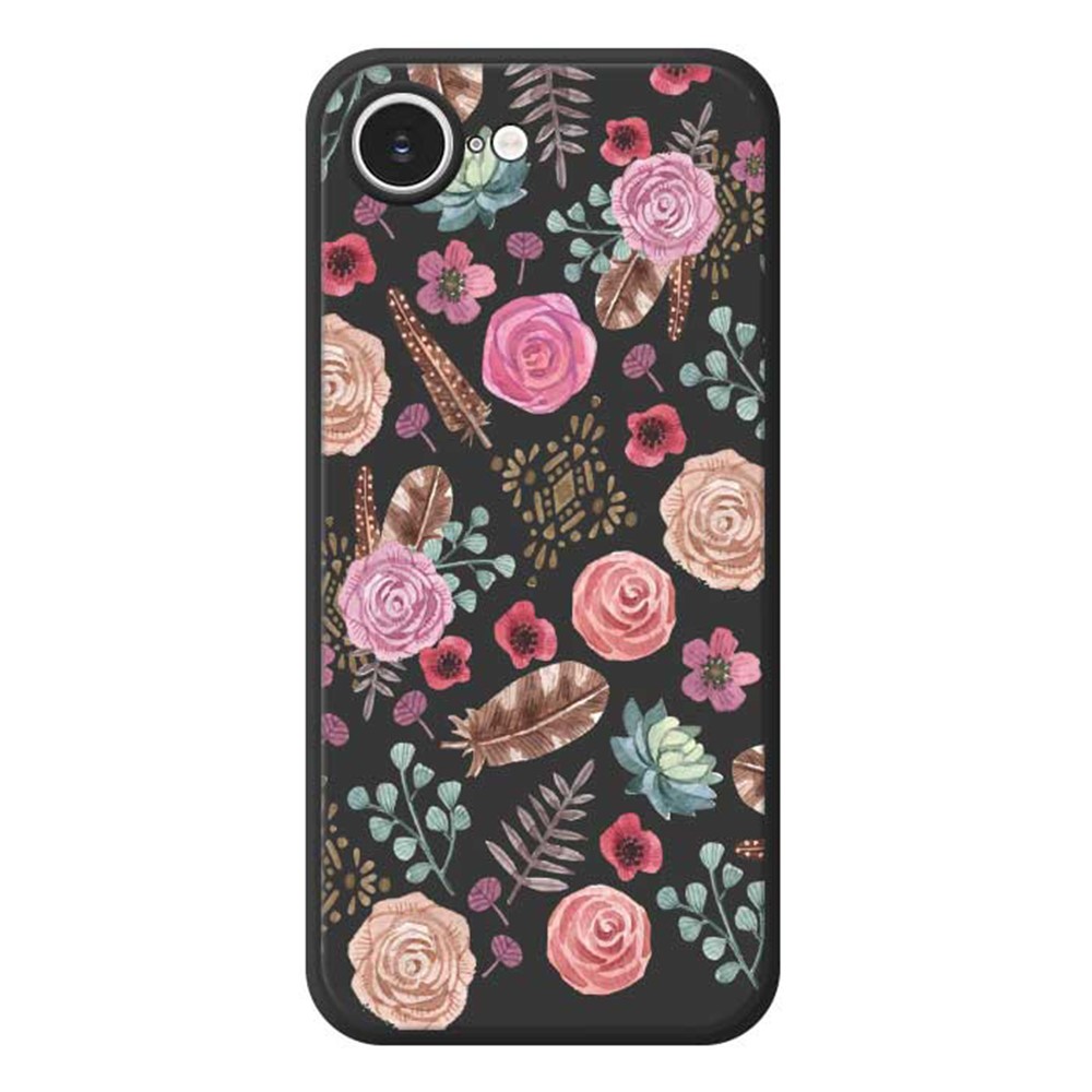 For iPhone 16e Case Various Flower Pattern Printing Straight Edge TPU Phone Back Cover - Black
