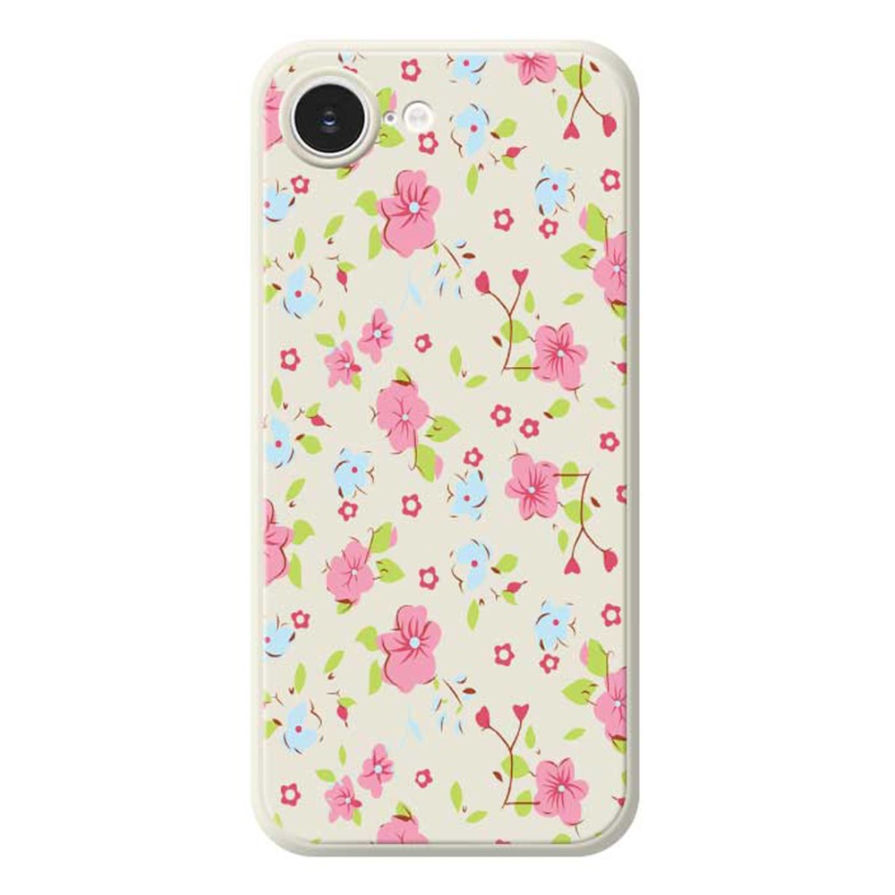 For iPhone 16e Case Pink and Blue Flowers Pattern Printing Straight Edge TPU Phone Back Cover - Beige