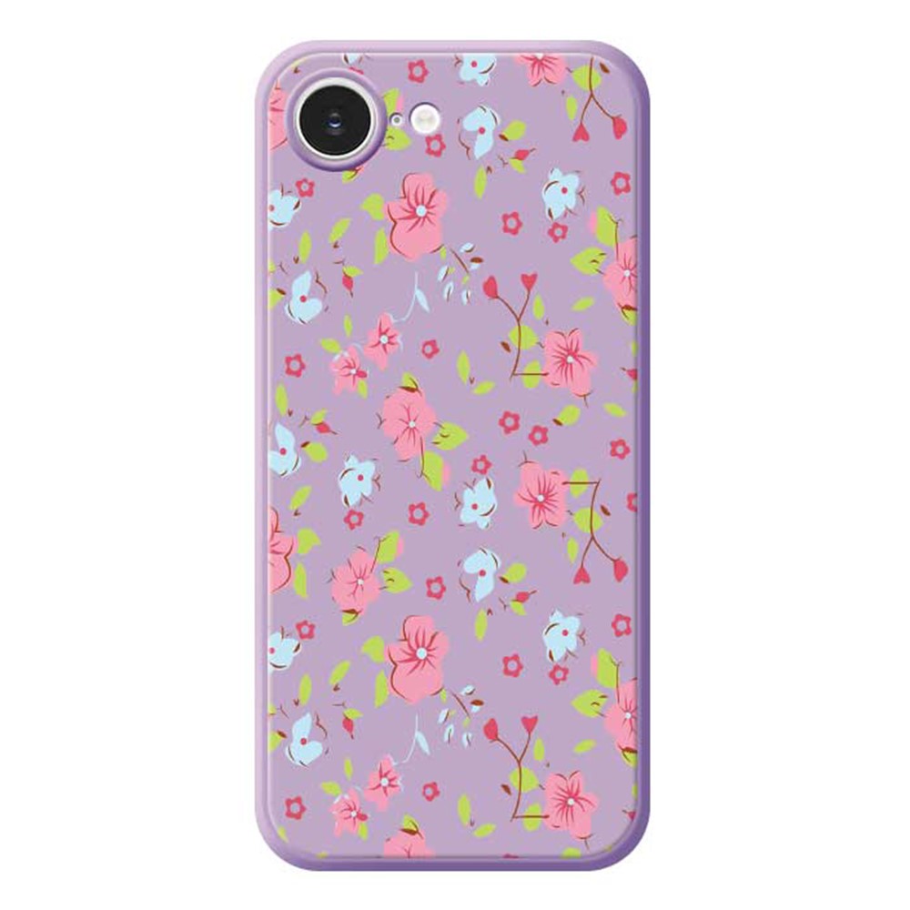 For iPhone 16e Case Pink and Blue Flowers Pattern Printing Straight Edge TPU Phone Back Cover - Purple