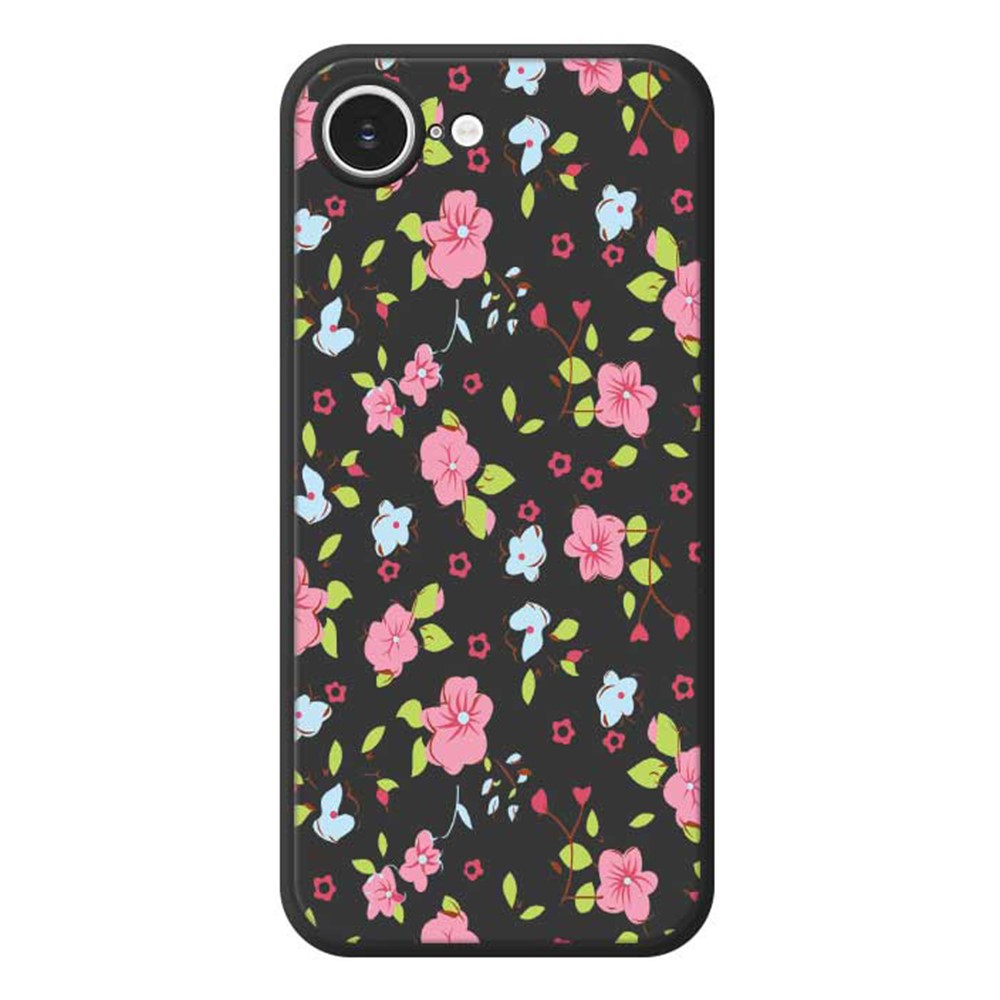 For iPhone 16e Case Pink and Blue Flowers Pattern Printing Straight Edge TPU Phone Back Cover - Black