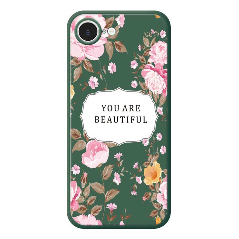 For iPhone 16e Case Beauitful Flowers Pattern Printing Straight Edge TPU Phone Back Cover - Green