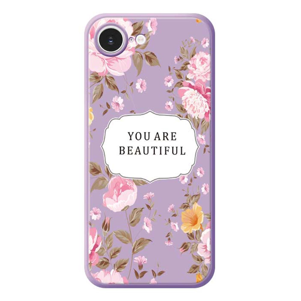 For iPhone 16e Case Beauitful Flowers Pattern Printing Straight Edge TPU Phone Back Cover - Purple