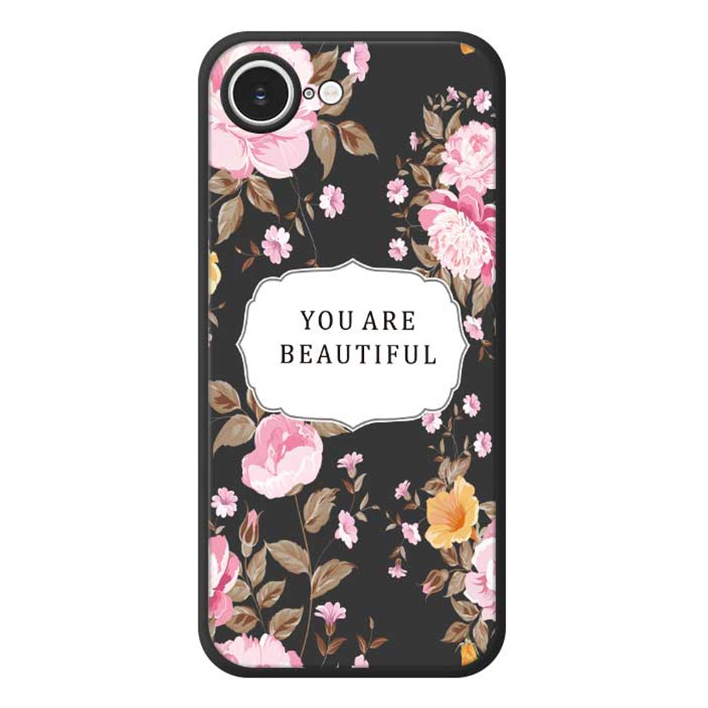 For iPhone 16e Case Beauitful Flowers Pattern Printing Straight Edge TPU Phone Back Cover - Black