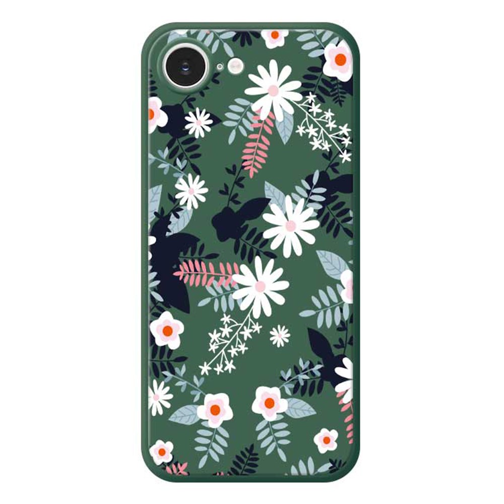 For iPhone 16e Case Flowers and Leaves Pattern Printing Straight Edge TPU Phone Back Cover - Green