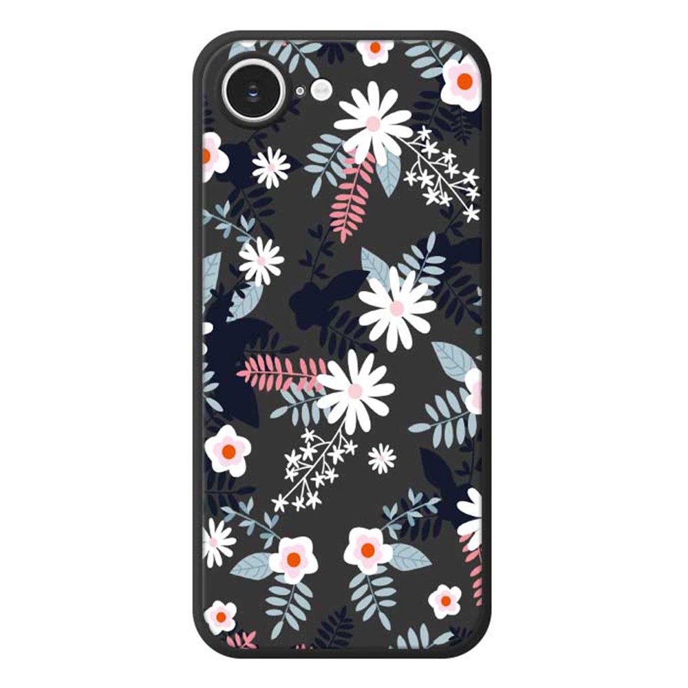For iPhone 16e Case Flowers and Leaves Pattern Printing Straight Edge TPU Phone Back Cover - Black