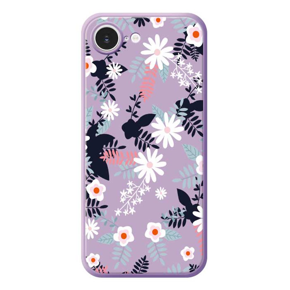 For iPhone 16e Case Flowers and Leaves Pattern Printing Straight Edge TPU Phone Back Cover - Purple