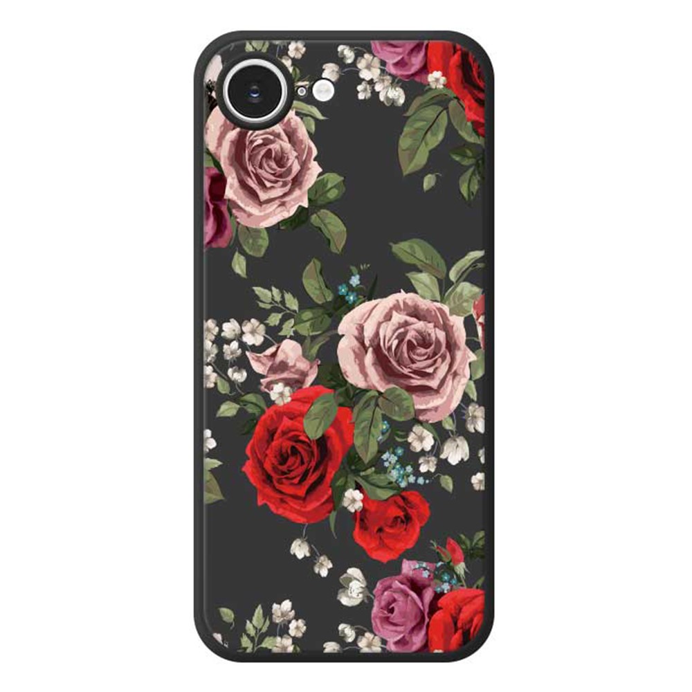 For iPhone 16e Case Red and Pink Flowers Pattern Printing Straight Edge TPU Phone Back Cover - Black