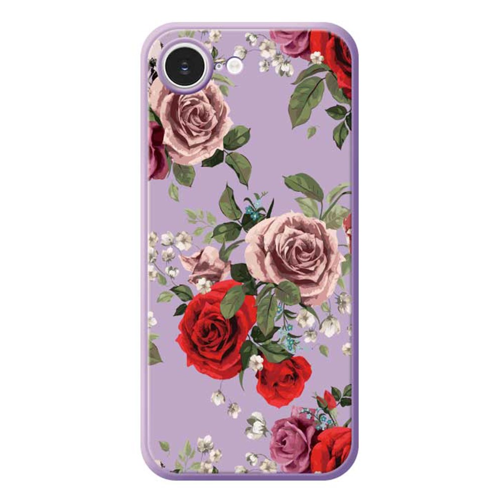 For iPhone 16e Case Red and Pink Flowers Pattern Printing Straight Edge TPU Phone Back Cover - Purple
