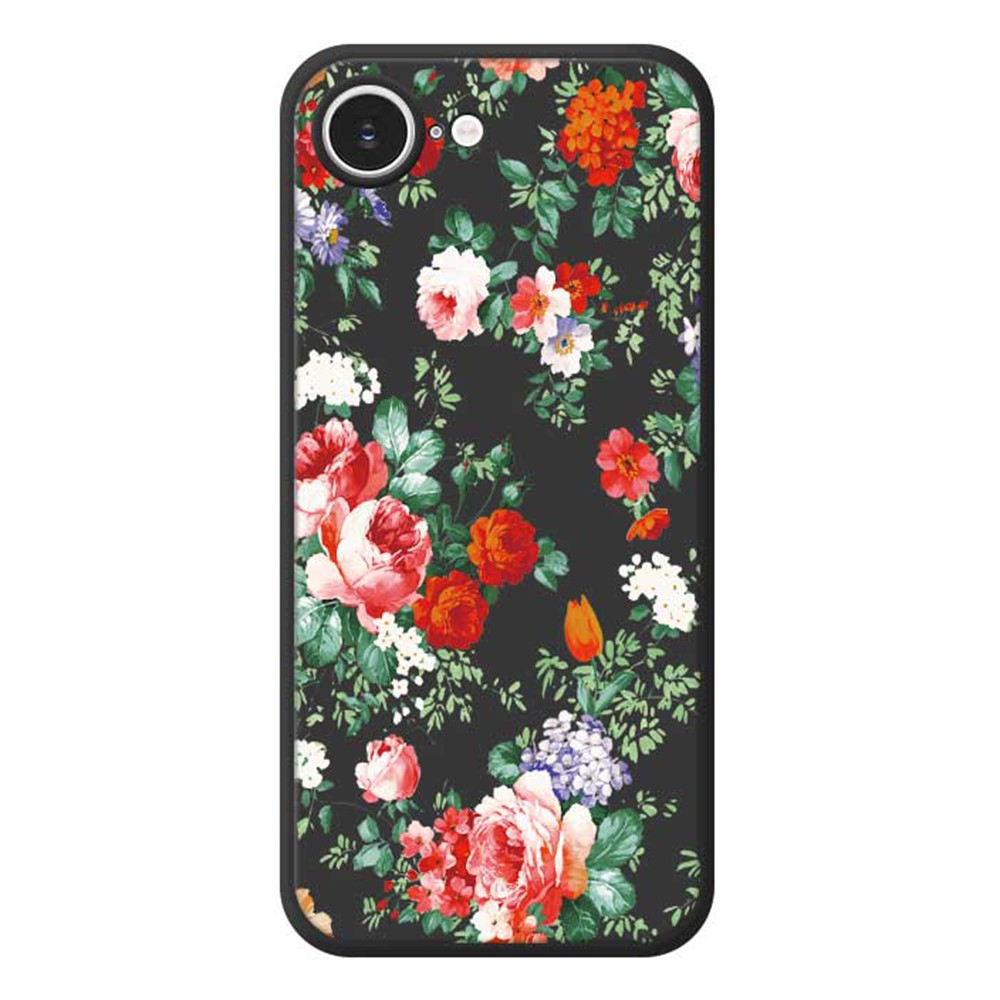 For iPhone 16e Case Colorful Flowers Pattern Printing Straight Edge TPU Phone Back Cover - Black