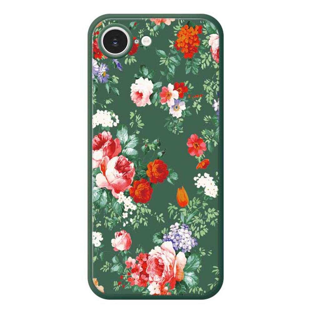 For iPhone 16e Case Colorful Flowers Pattern Printing Straight Edge TPU Phone Back Cover - Green