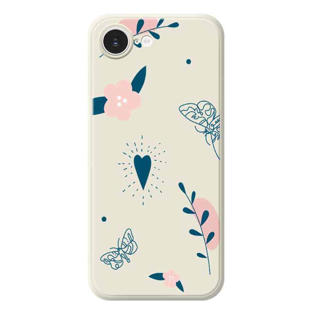For iPhone 16e Case Blue Love Pink Flower Pattern Printing Straight Edge TPU Phone Back Cover - Beige
