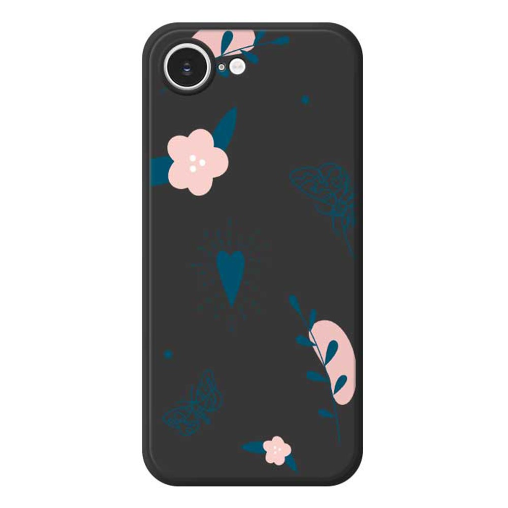 For iPhone 16e Case Blue Love Pink Flower Pattern Printing Straight Edge TPU Phone Back Cover - Black