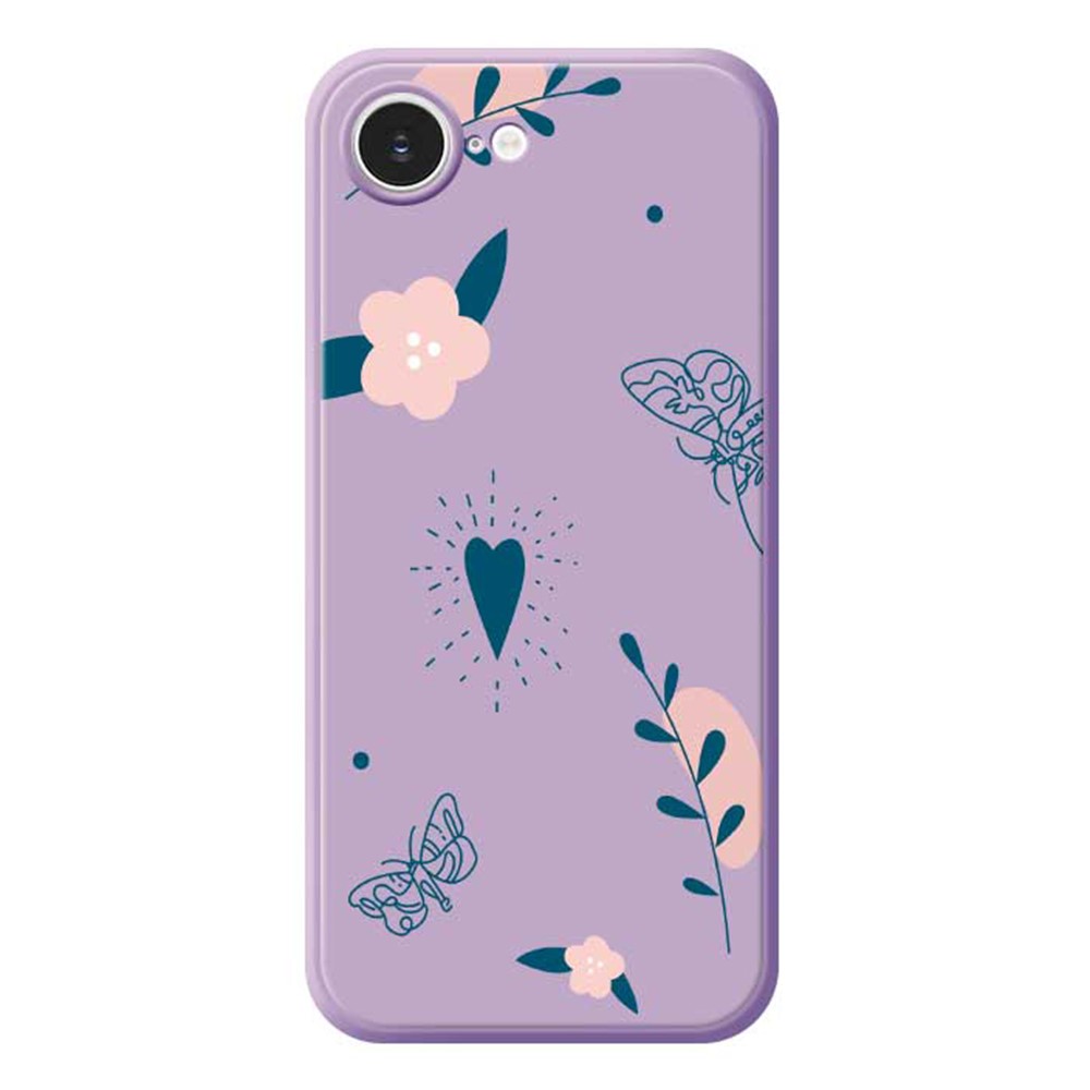 For iPhone 16e Case Blue Love Pink Flower Pattern Printing Straight Edge TPU Phone Back Cover - Purple