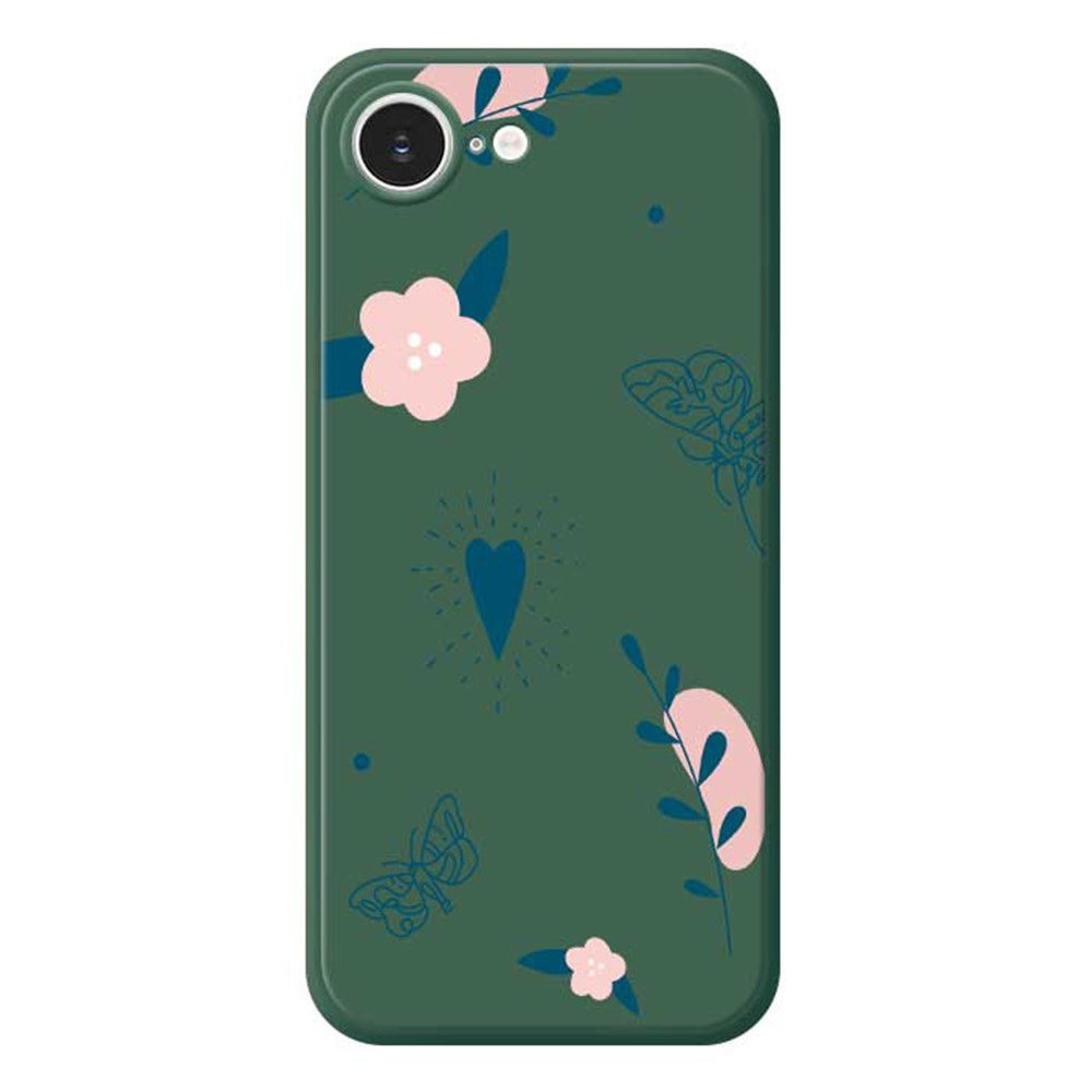 For iPhone 16e Case Blue Love Pink Flower Pattern Printing Straight Edge TPU Phone Back Cover - Green