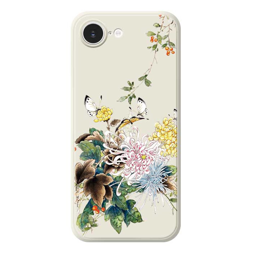 For iPhone 16e Case Butterfly Chrysanthemum Pattern Printing Straight Edge TPU Phone Back Cover - Beige