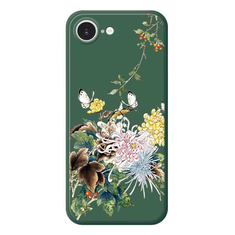 For iPhone 16e Case Butterfly Chrysanthemum Pattern Printing Straight Edge TPU Phone Back Cover - Green
