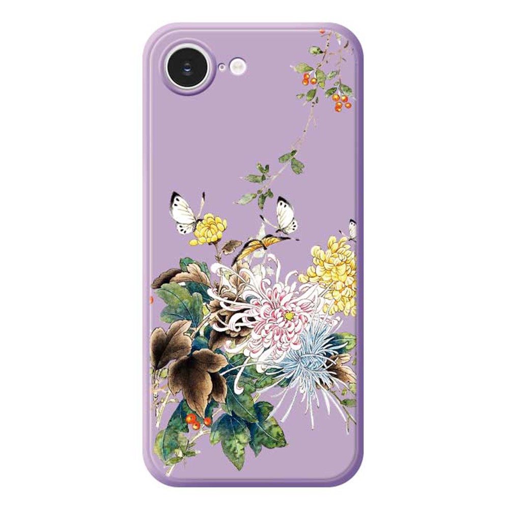 For iPhone 16e Case Butterfly Chrysanthemum Pattern Printing Straight Edge TPU Phone Back Cover - Purple