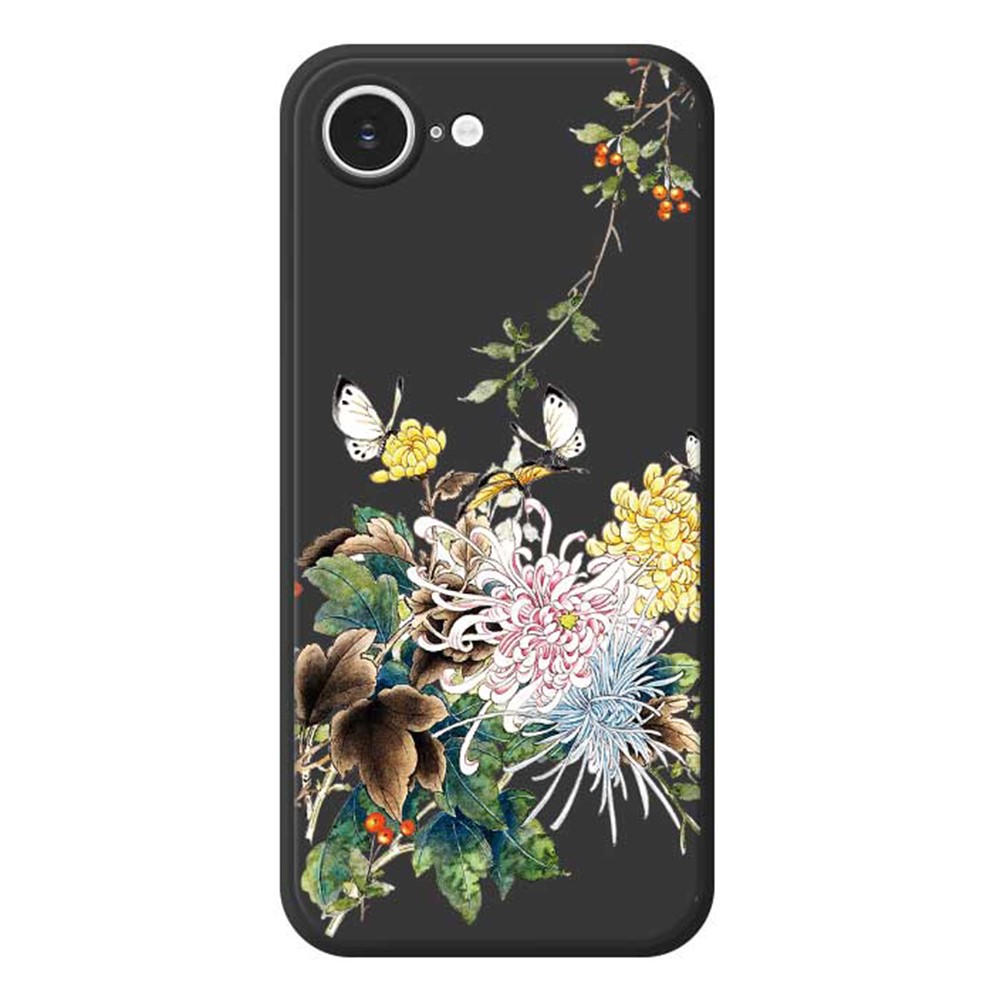 For iPhone 16e Case Butterfly Chrysanthemum Pattern Printing Straight Edge TPU Phone Back Cover - Black