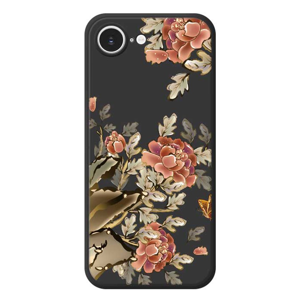 For iPhone 16e Case Red Flowers Pattern Printing Straight Edge TPU Phone Back Cover - Black