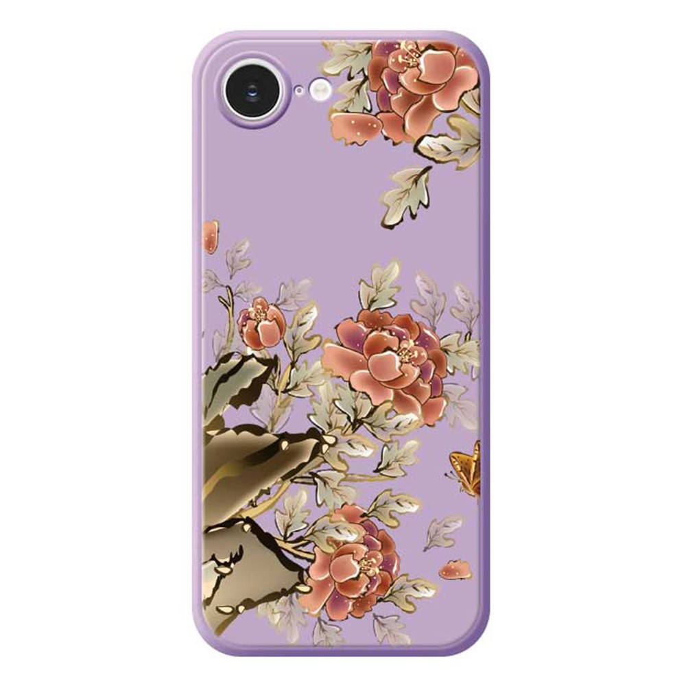 For iPhone 16e Case Red Flowers Pattern Printing Straight Edge TPU Phone Back Cover - Purple