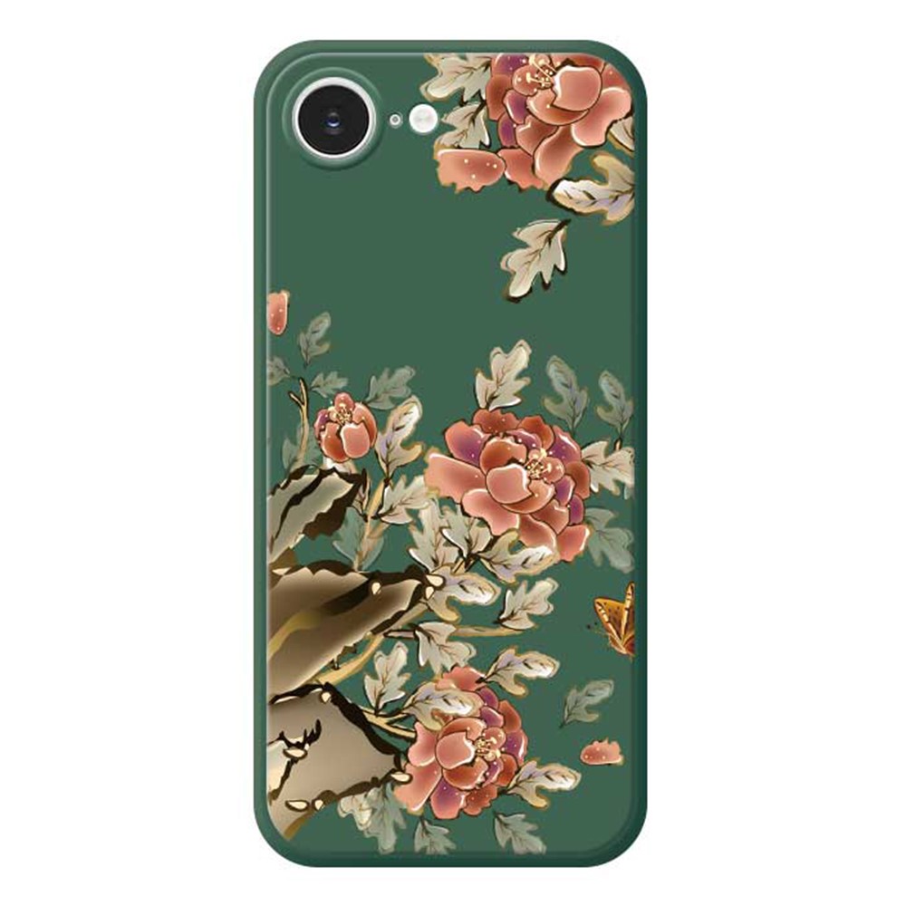 For iPhone 16e Case Red Flowers Pattern Printing Straight Edge TPU Phone Back Cover - Green