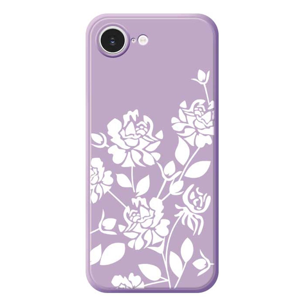 For iPhone 16e Case White Hollow Flowers Pattern Printing Straight Edge TPU Phone Back Cover - Purple