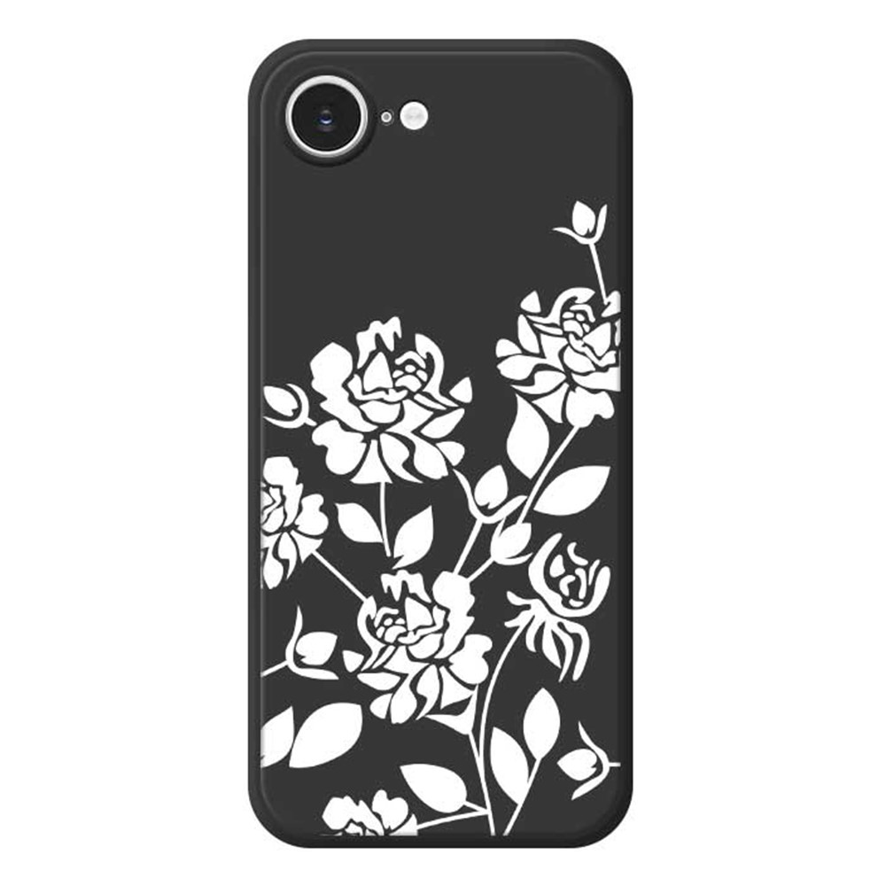 For iPhone 16e Case White Hollow Flowers Pattern Printing Straight Edge TPU Phone Back Cover - Black