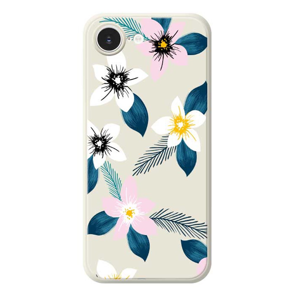For iPhone 16e Case Pink White Flowers Blue Leaves Pattern Printing Straight Edge TPU Phone Back Cover - Beige