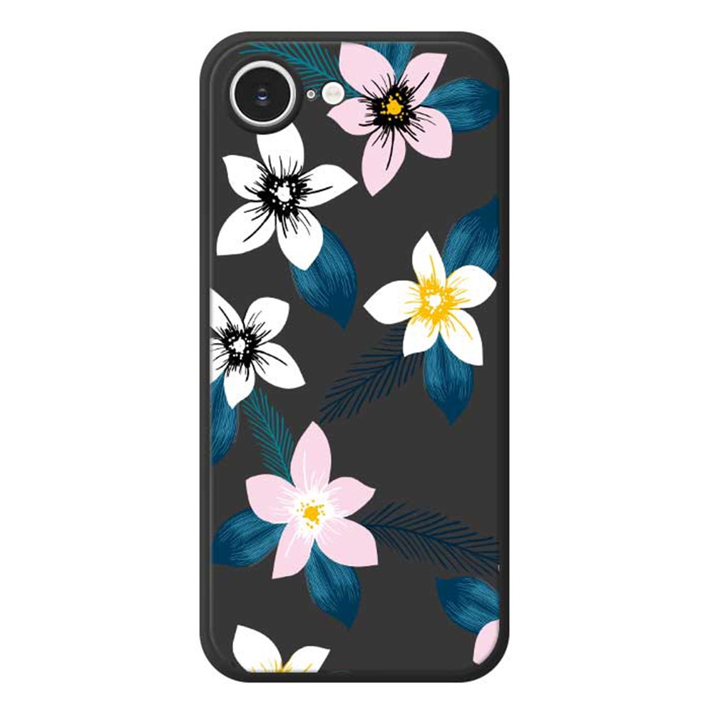 For iPhone 16e Case Pink White Flowers Blue Leaves Pattern Printing Straight Edge TPU Phone Back Cover - Black