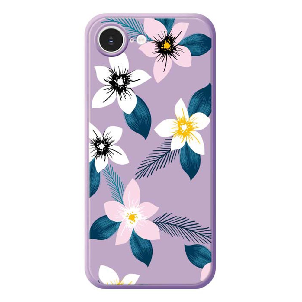 For iPhone 16e Case Pink White Flowers Blue Leaves Pattern Printing Straight Edge TPU Phone Back Cover - Purple