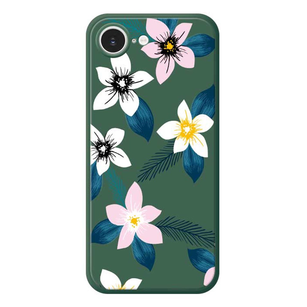 For iPhone 16e Case Pink White Flowers Blue Leaves Pattern Printing Straight Edge TPU Phone Back Cover - Green