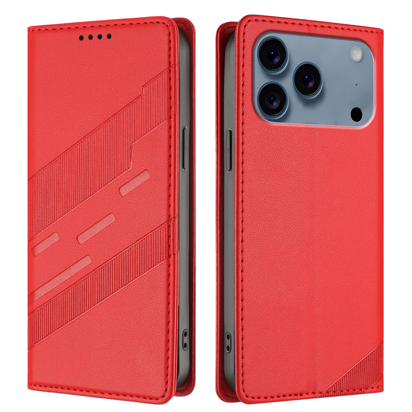 For iPhone 17 Pro Phone Cases Punk Style Imprinted Wallet Stand Leather Cover - Red