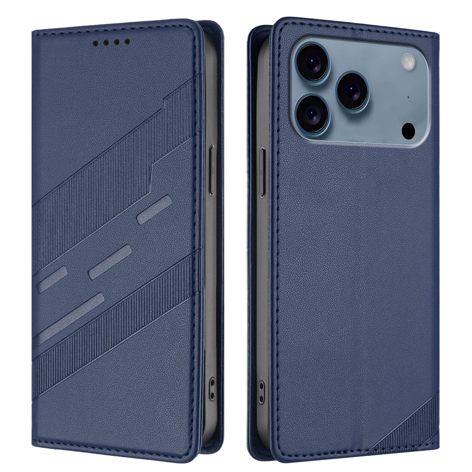 For iPhone 17 Pro Phone Cases Punk Style Imprinted Wallet Stand Leather Cover - Dark Blue