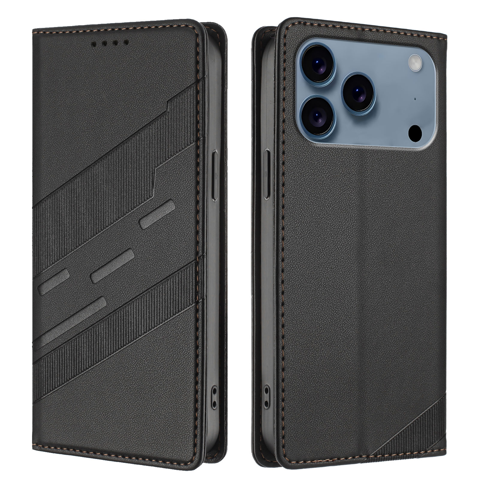 For iPhone 17 Pro Phone Cases Punk Style Imprinted Wallet Stand Leather Cover - Black