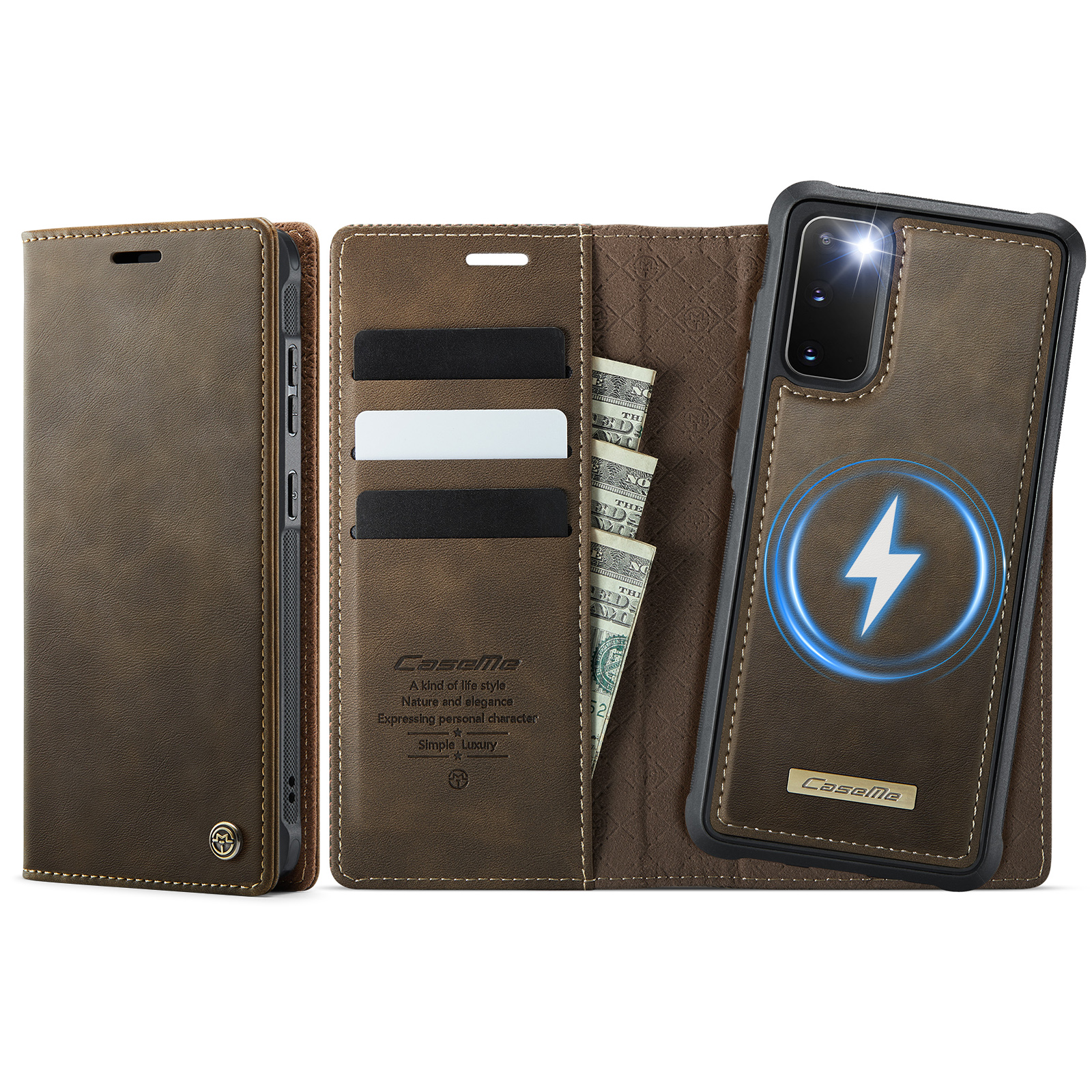 CASEME For Samsung Galaxy S20 4G / Galaxy S20 5G Case  C49 Magnetic Case RFID Blocking Detachable Wallet Leather Phone Cover - Coffee