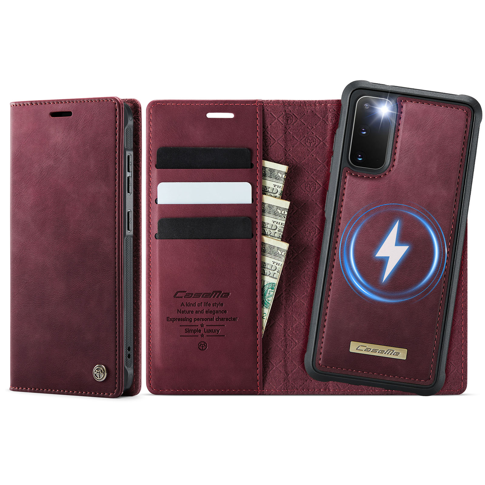 CASEME For Samsung Galaxy S20 4G / Galaxy S20 5G Case C49 Magnetic Case RFID Blocking Detachable Wallet Leather Phone Cover - Red