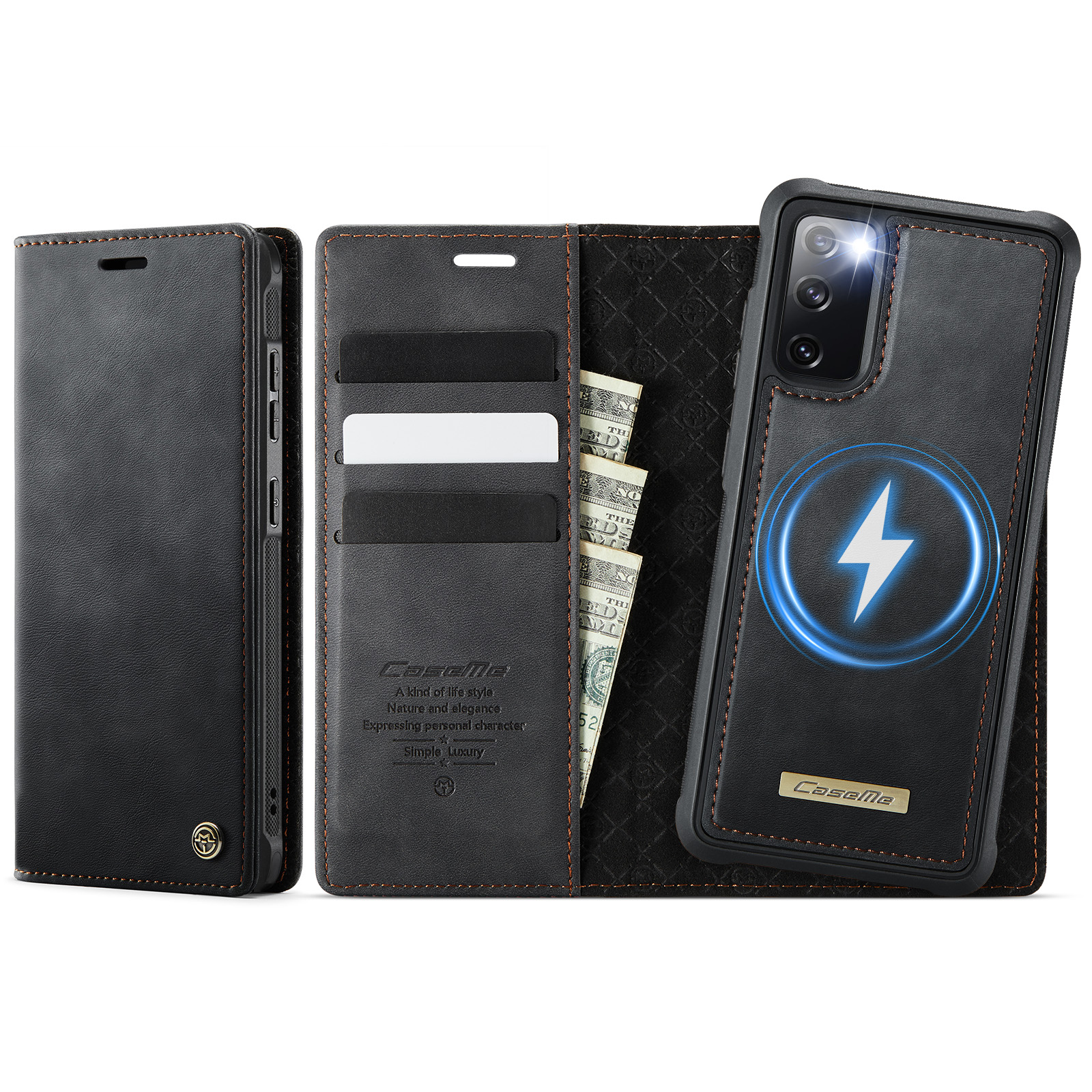 CASEME For Samsung Galaxy S20 FE 5G Case C49 Magnetic Case RFID Blocking Detachable Wallet Leather Phone Cover - Black