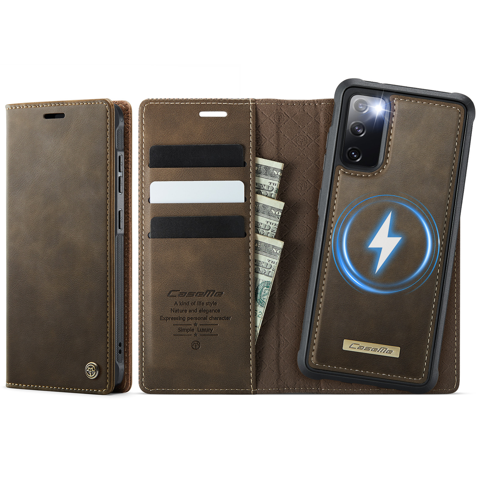 CASEME For Samsung Galaxy S20 FE 5G Case  C49 Magnetic Case RFID Blocking Detachable Wallet Leather Phone Cover - Coffee