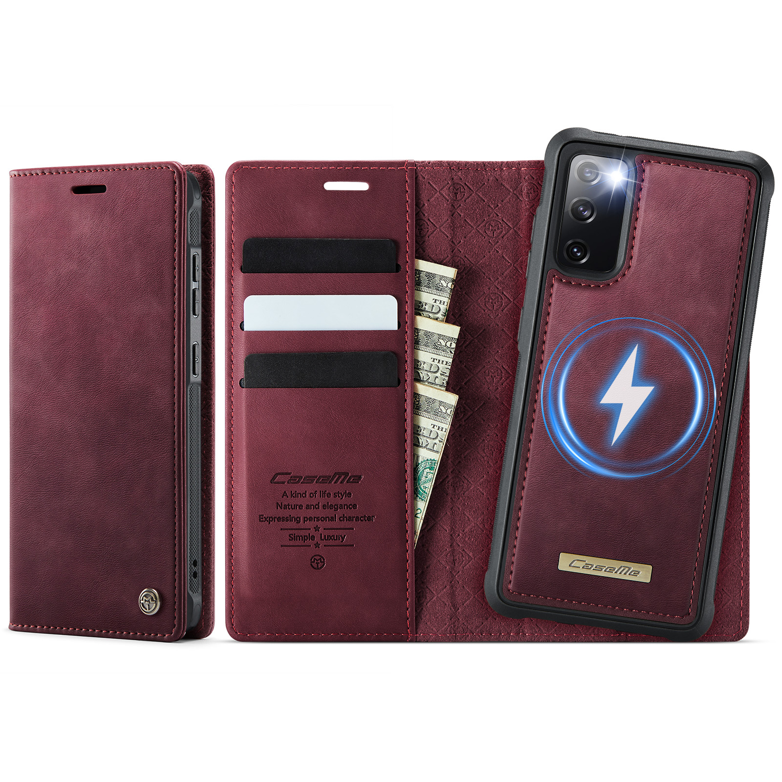 CASEME For Samsung Galaxy S20 FE 5G Case  C49 Magnetic Case RFID Blocking Detachable Wallet Leather Phone Cover - Red