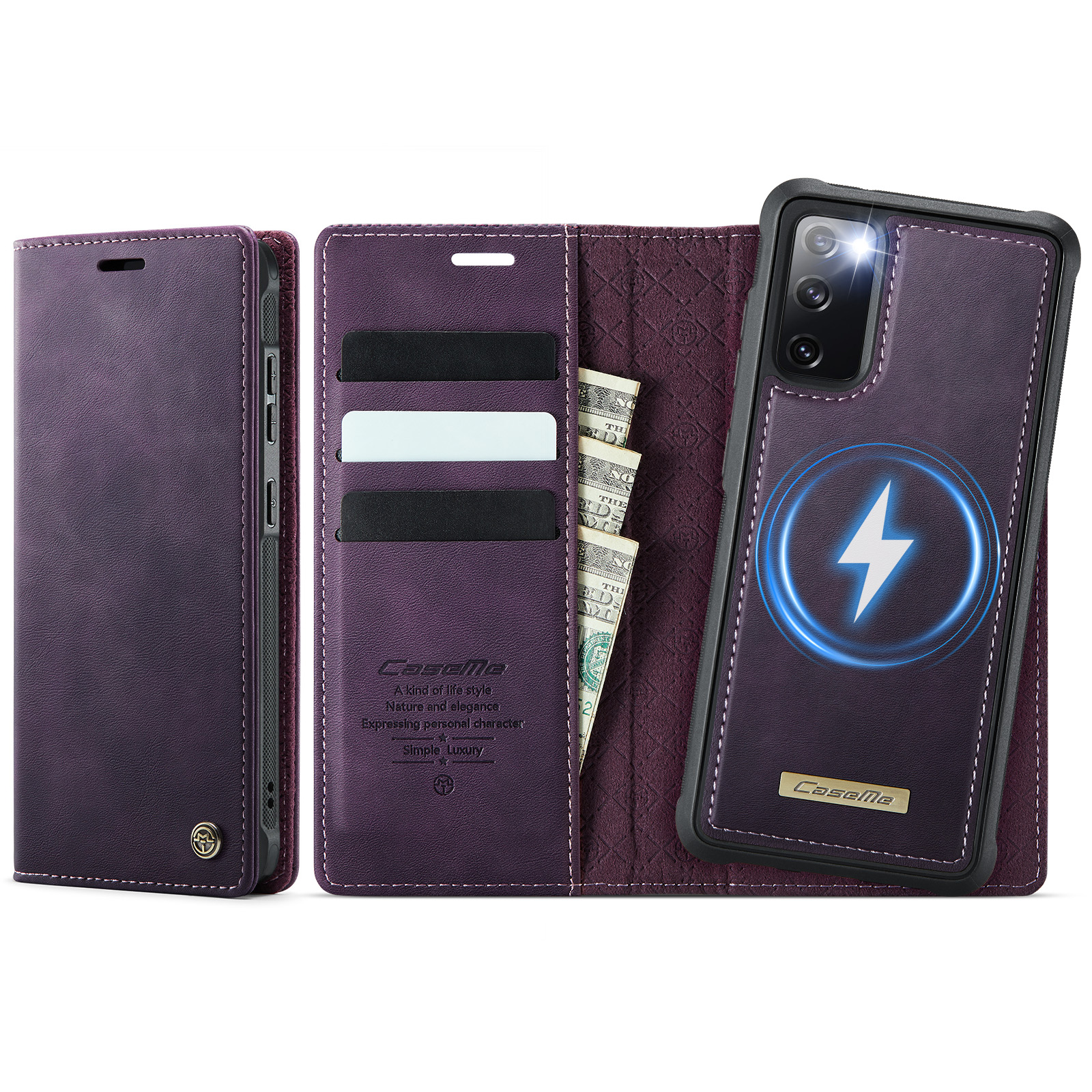 CASEME For Samsung Galaxy S20 FE 5G Case  C49 Magnetic Case RFID Blocking Detachable Wallet Leather Phone Cover - Purple