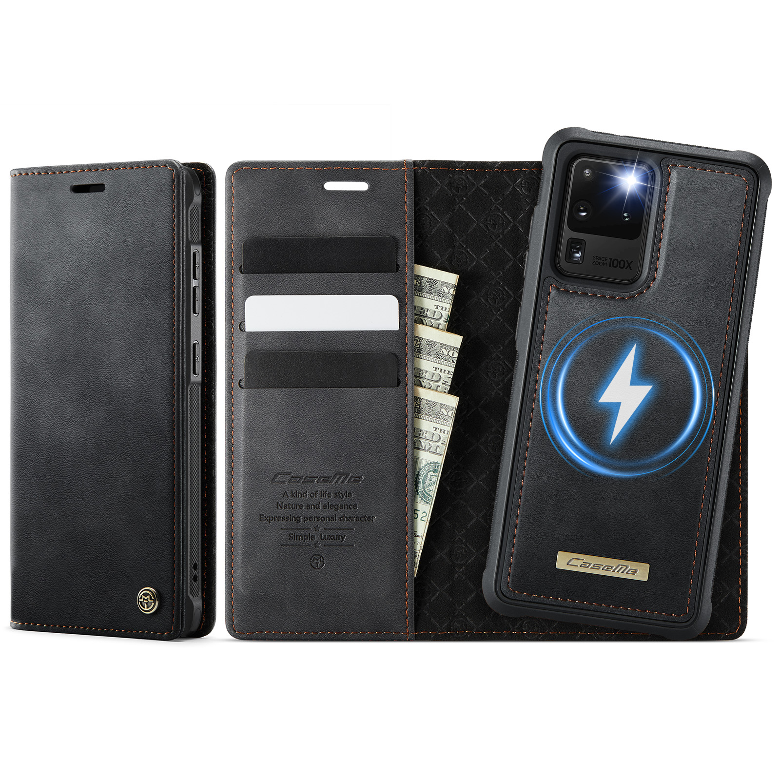 CASEME For Samsung Galaxy S20 Ultra Case  C49 Magnetic Case RFID Blocking Detachable Wallet Leather Phone Cover - Black