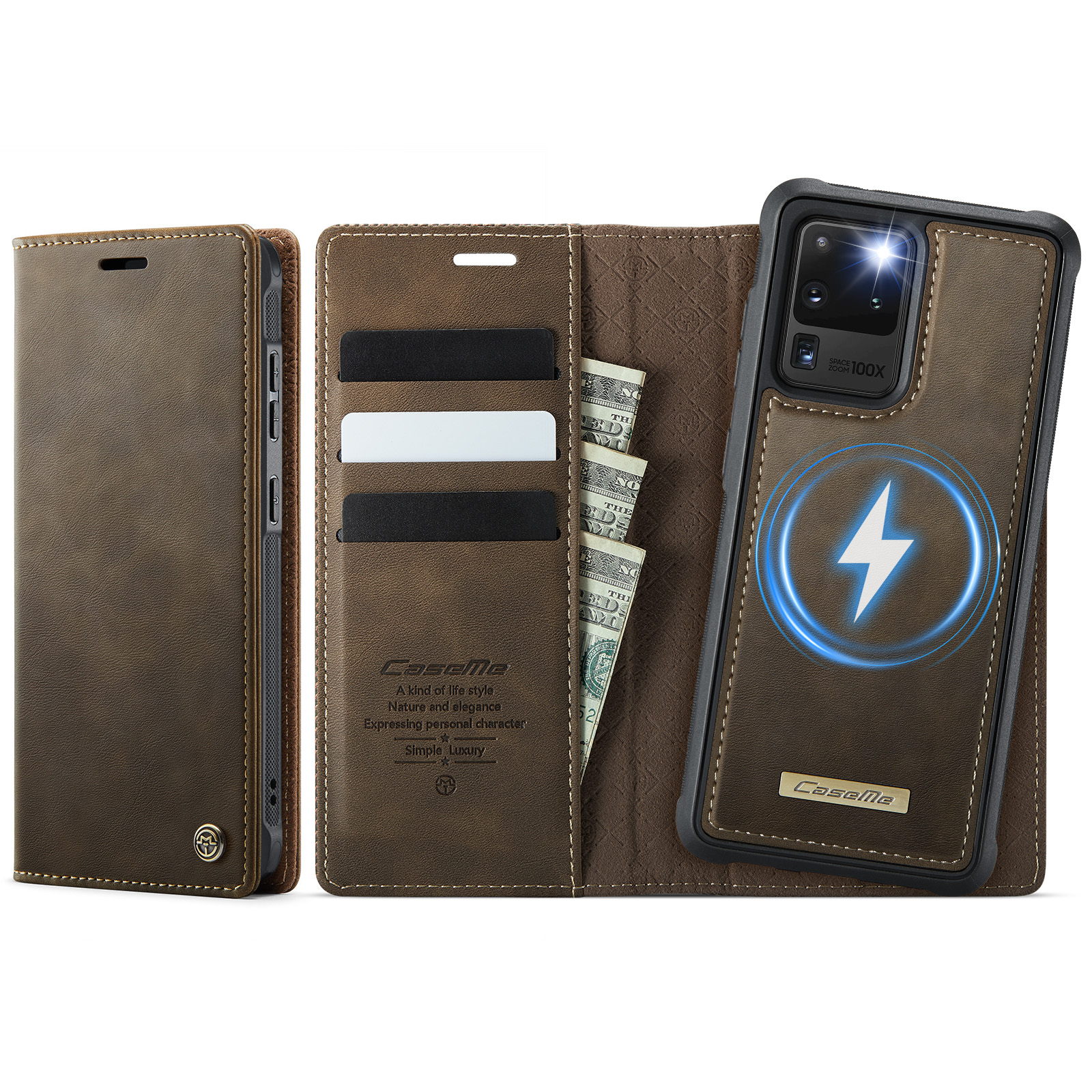 CASEME For Samsung Galaxy S20 Ultra Case C49 Magnetic Case RFID Blocking Detachable Wallet Leather Phone Cover - Coffee