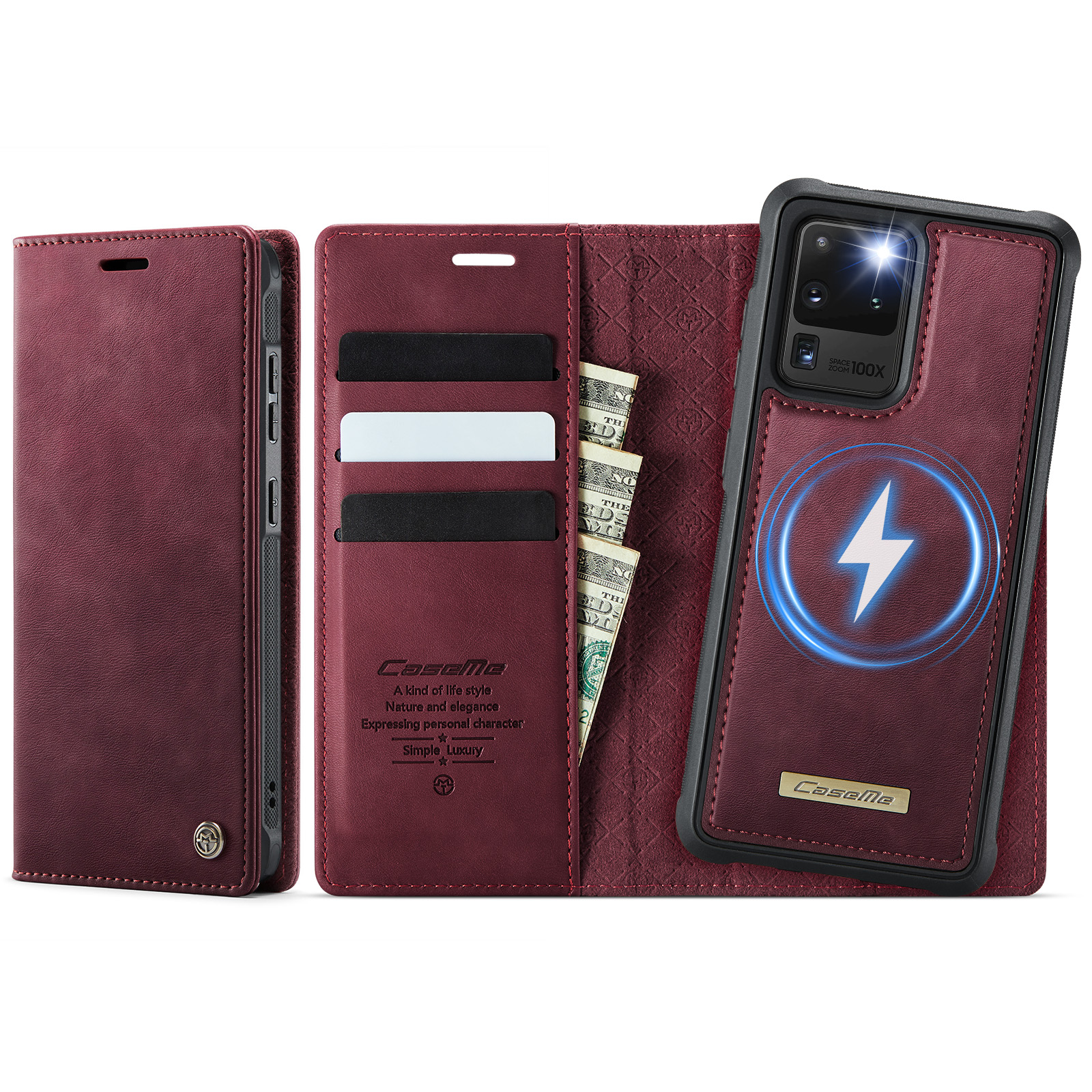 CASEME For Samsung Galaxy S20 Ultra Case  C49 Magnetic Case RFID Blocking Detachable Wallet Leather Phone Cover - Red