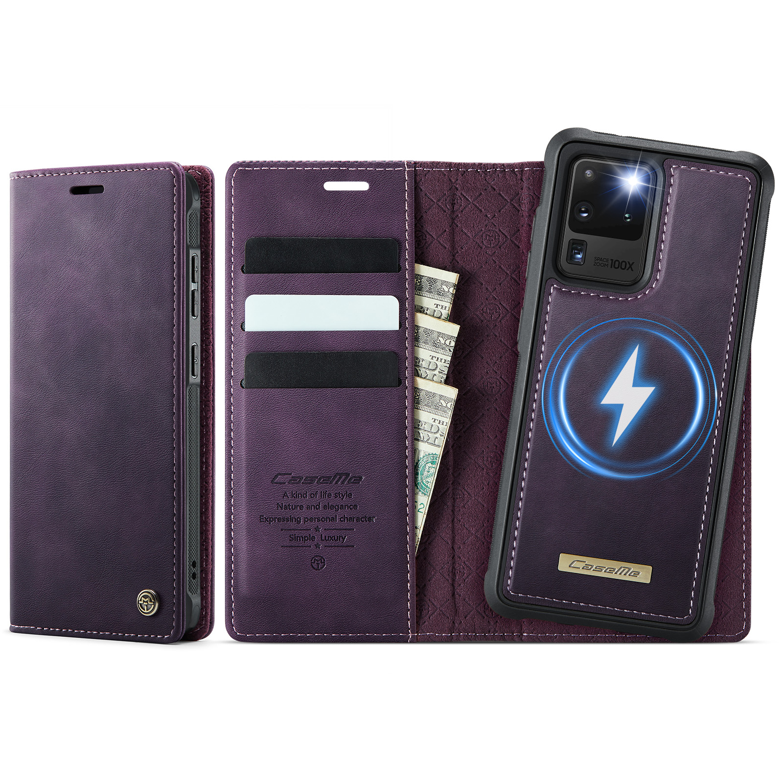 CASEME For Samsung Galaxy S20 Ultra Case C49 Magnetic Case RFID Blocking Detachable Wallet Leather Phone Cover - Purple