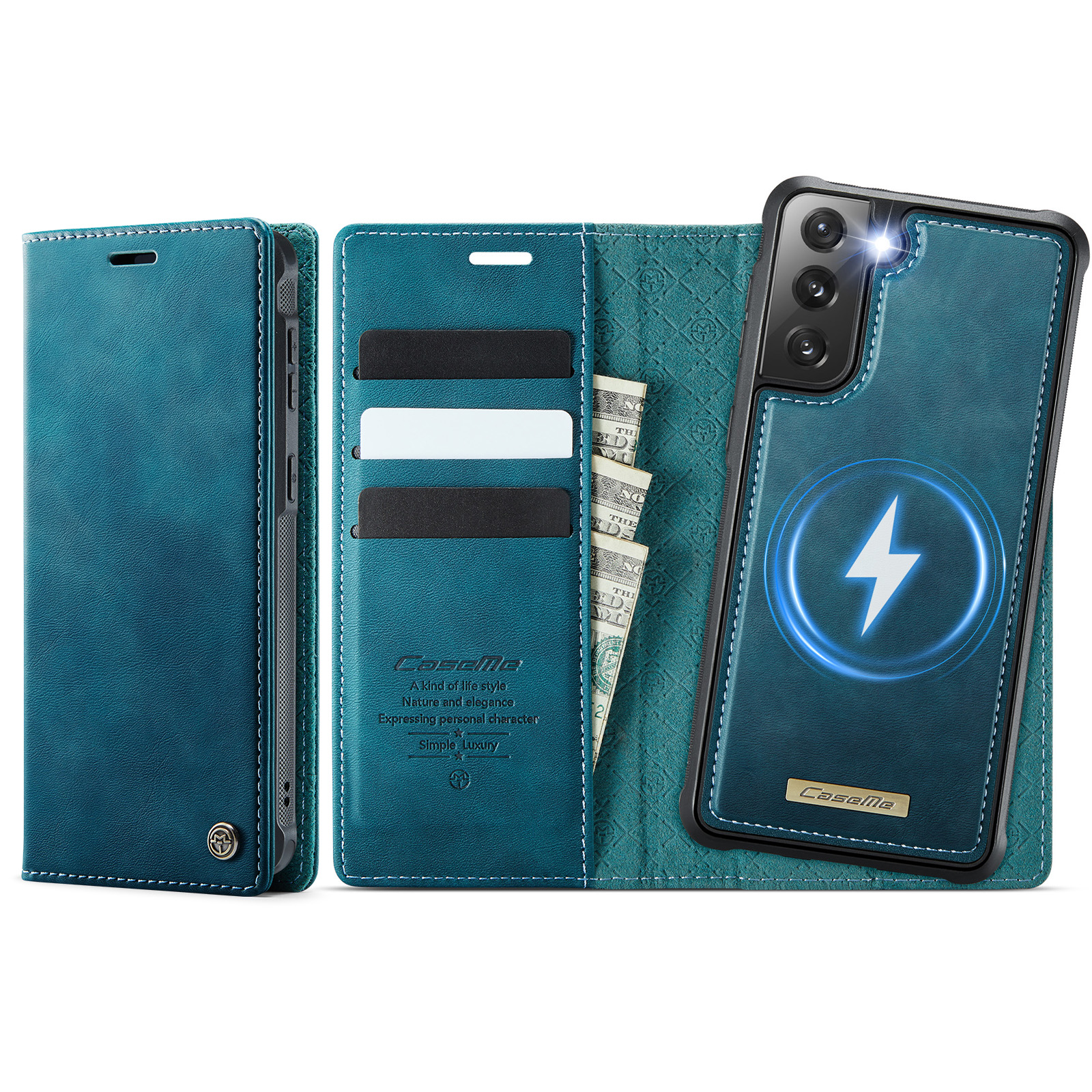 CASEME For Samsung Galaxy S21 FE 5G Case C49 Magnetic Case RFID Blocking Detachable Wallet Leather Phone Cover - Green